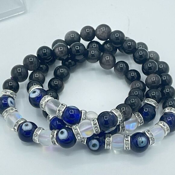 Crystal beaded stretch bracelet ONE NEW evil eye silver obsidian reiki meditatio - Picture 8 of 9